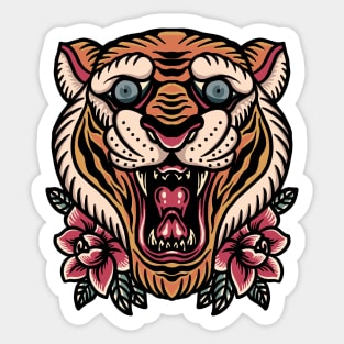 Retro Tiger Head Illustration with Roses Sticker